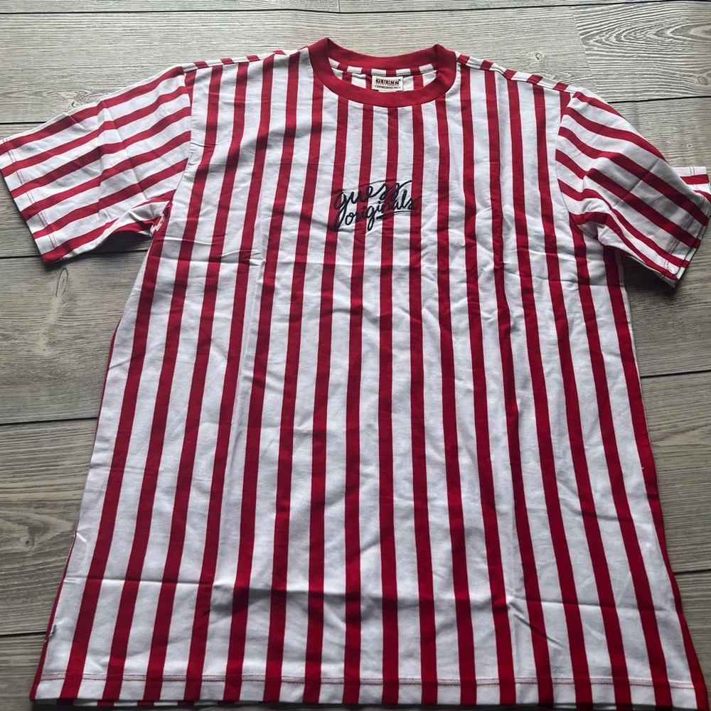 New Size S&M GUESS Originals Aven Stripe Tee Red Cream Navy ASAP Relaxed Fit T - Picture 2 of 11